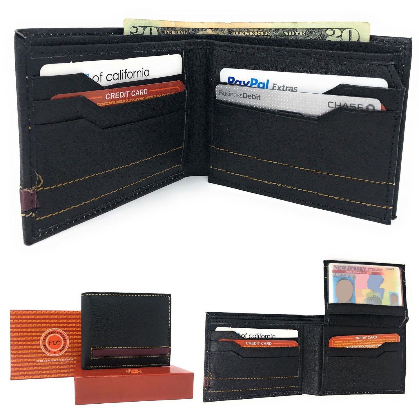 Casaba Genuine Leather Bifold Wallets Cash Slots ID Coin Key Pocket Mens Womens-Black with Brown Trim-
