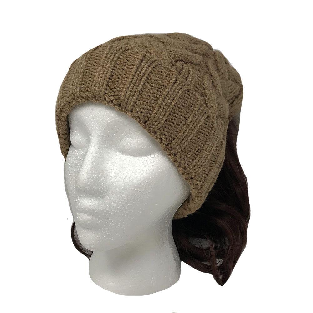 Casaba Womens Ponytail Hair Bun Hole Cuffed Beanie Toboggan Cap Hat Warm Knitted-Black-