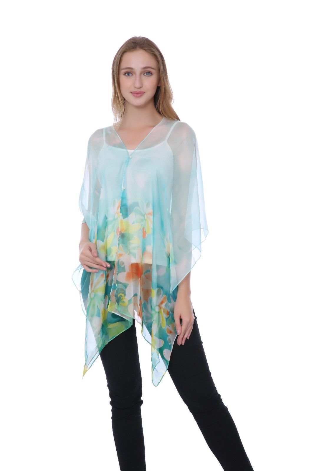 Casaba Womens Floral Sheer Poncho Top Kimono Cover Up-Chiffon Feel Light Wrap-Pink-