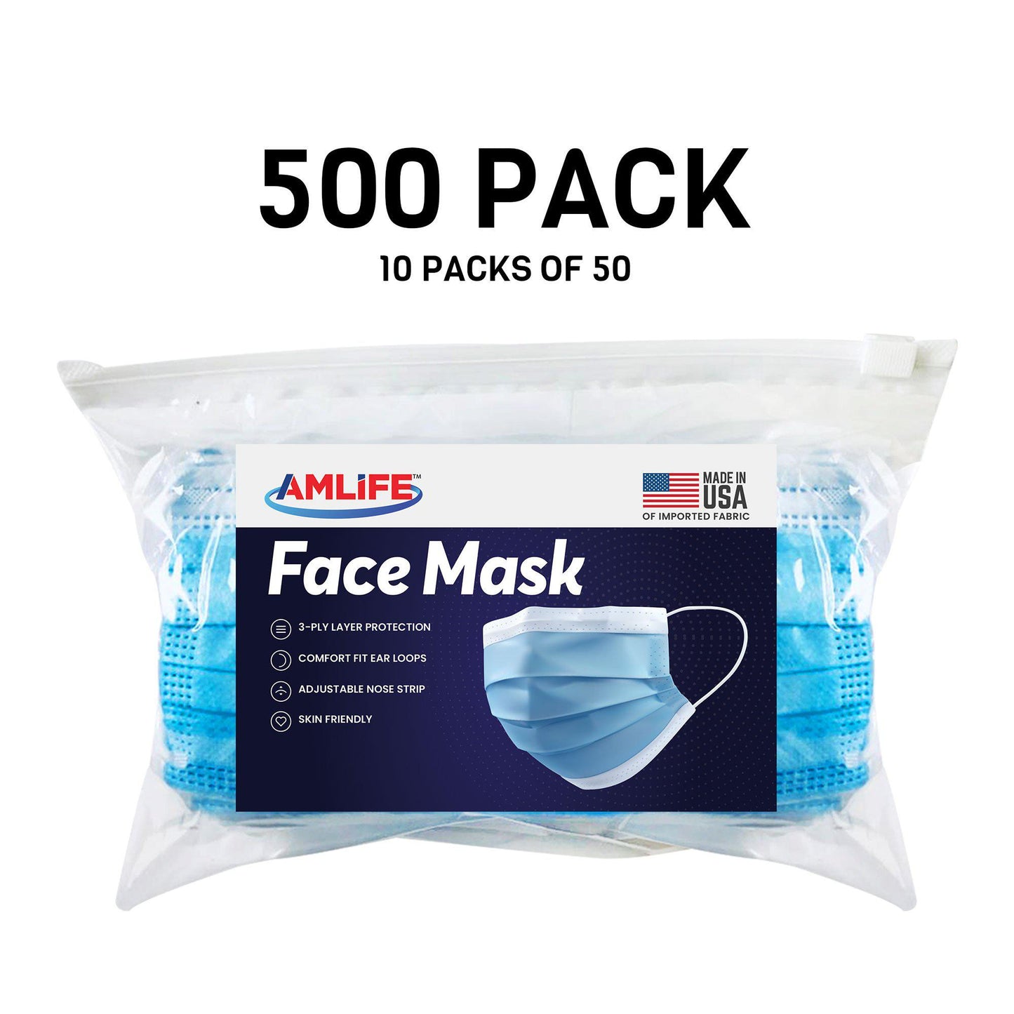 Amlife Face Mask Packs Disposable 3-Ply Filter - Made in USA with Imported Fabric - Teal-500 PACK-
