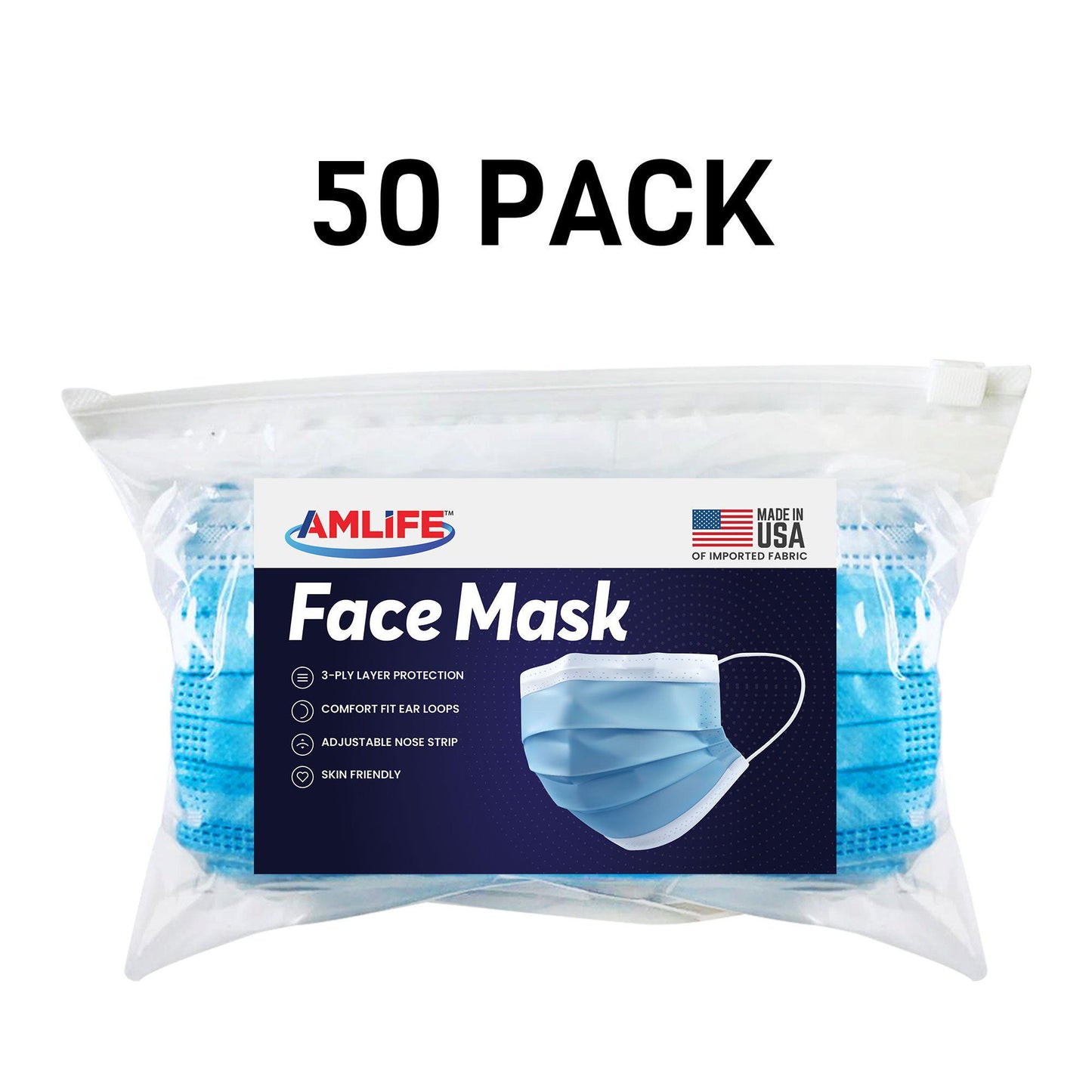 Amlife Face Mask Packs Disposable 3-Ply Filter - Made in USA with Imported Fabric - Teal-50 PACK-