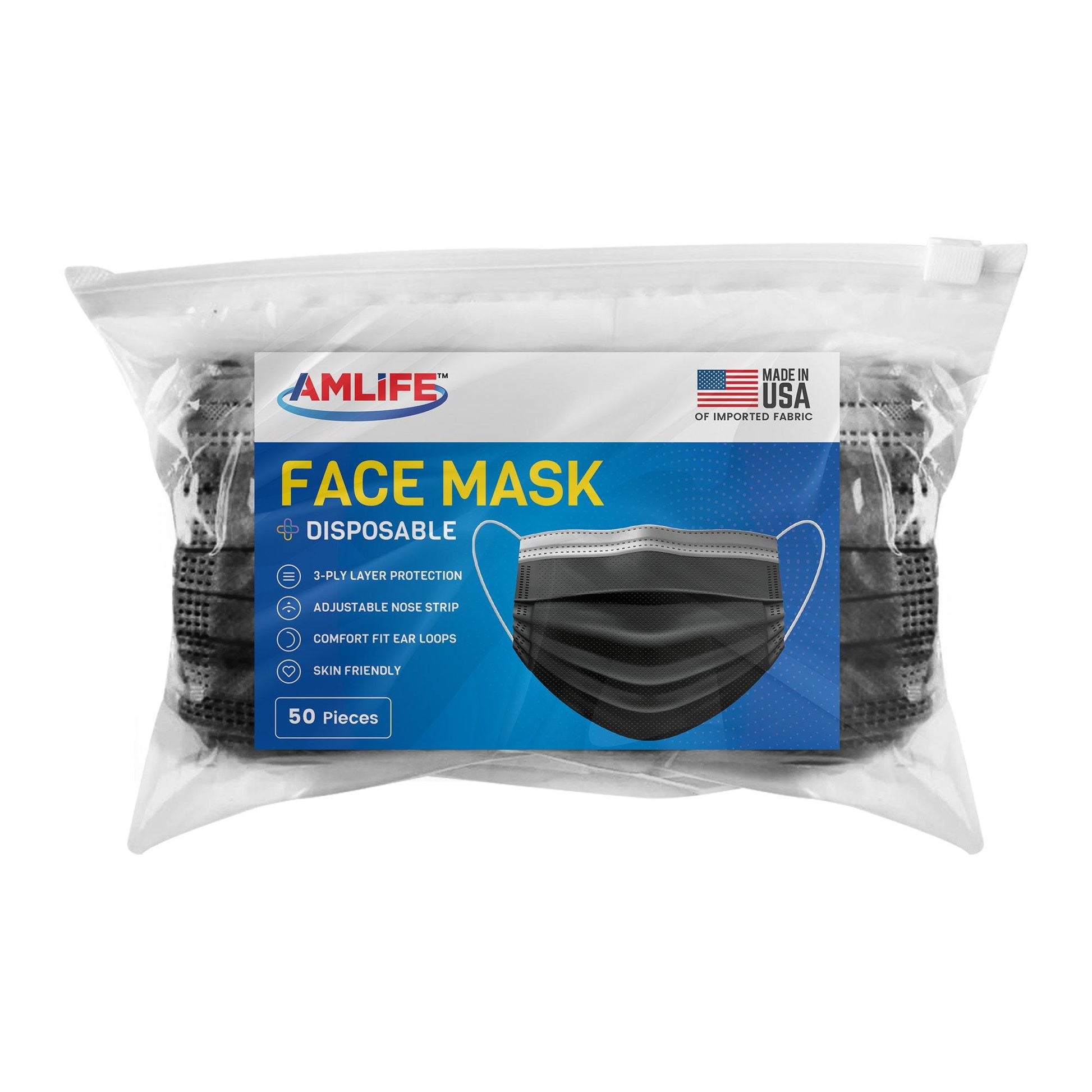 AMLIFE 50 Pack Black Face Masks 3-Ply Filter - Made in USA with Imported Fabric-