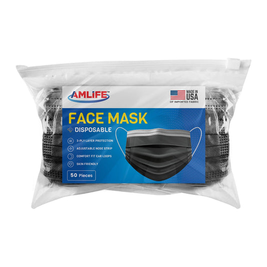 AMLIFE 50 Pack Black Face Masks 3-Ply Filter - Made in USA with Imported Fabric-