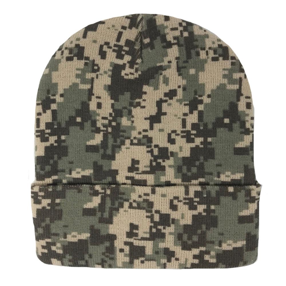 Digital Pixel Camo Camouflage Warm Winter Beanies-LONG CUFFED-KNIT D 014 GRAY PIXEL CAMO-