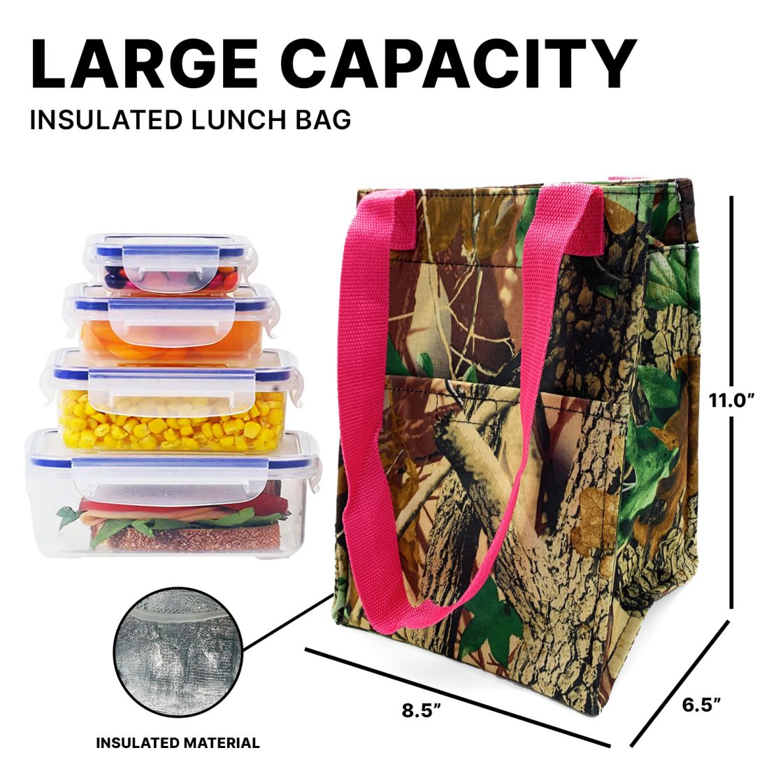 Empire Cove Insulated Lunch Bag Kids Adults Cooler Food Tote Picnic Travel Pink Camo-