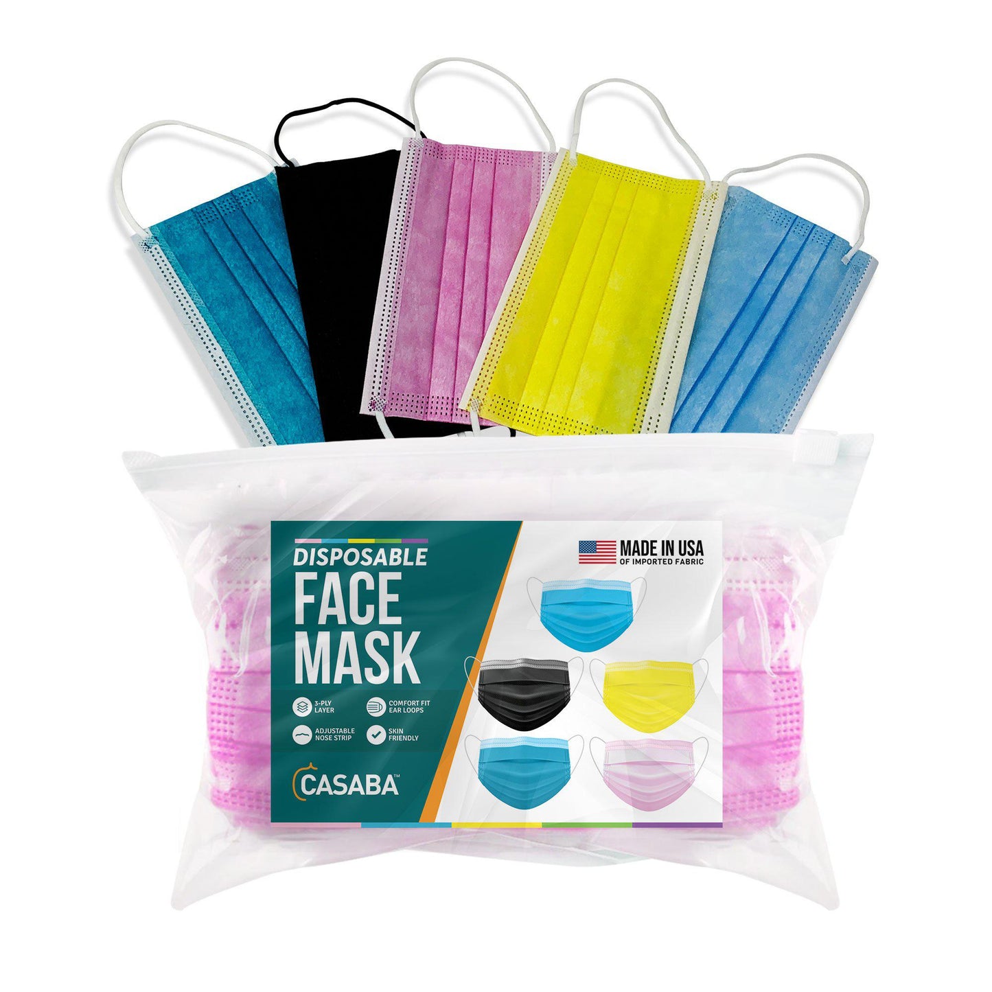 Casaba 50 Pack with 5 Colors Disposable Face Masks 3-Ply - Made in USA with Imported Fabric-