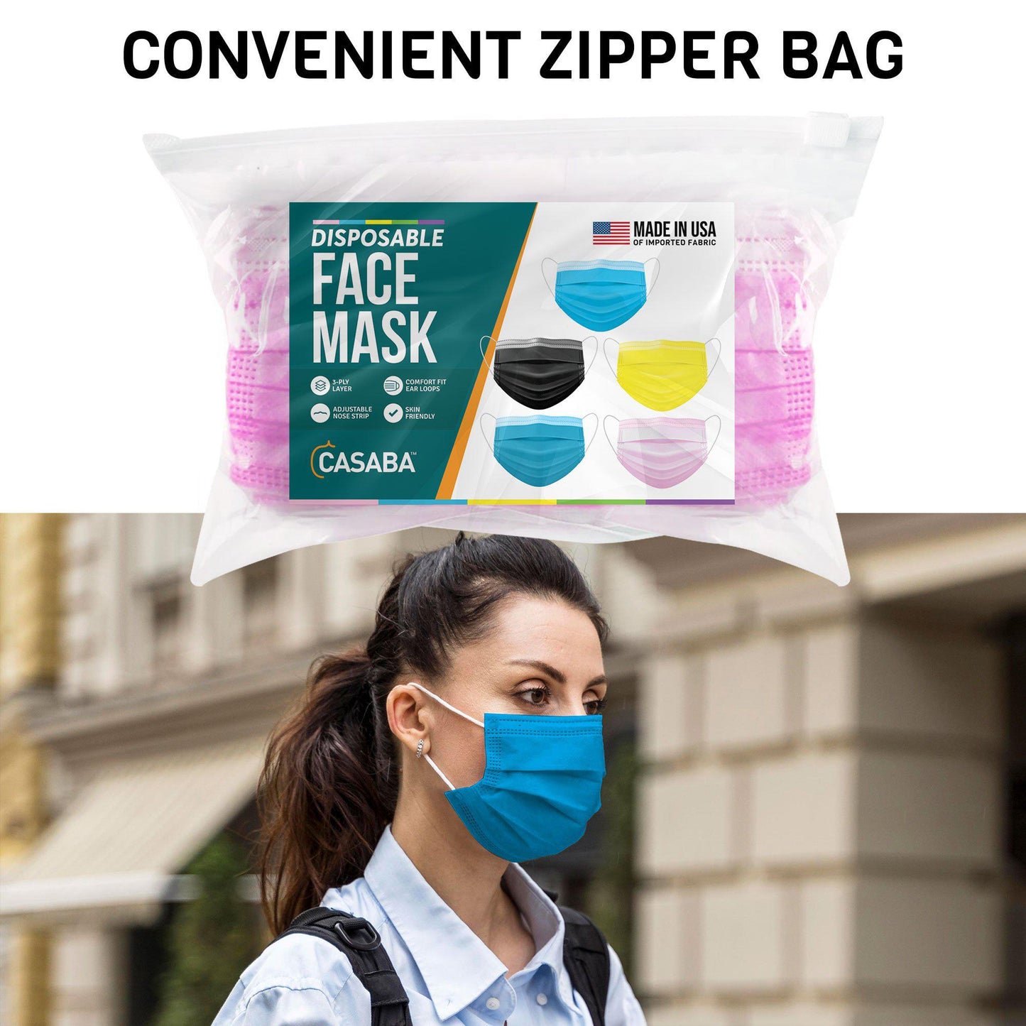 Casaba 50 Pack with 5 Colors Disposable Face Masks 3-Ply - Made in USA with Imported Fabric-