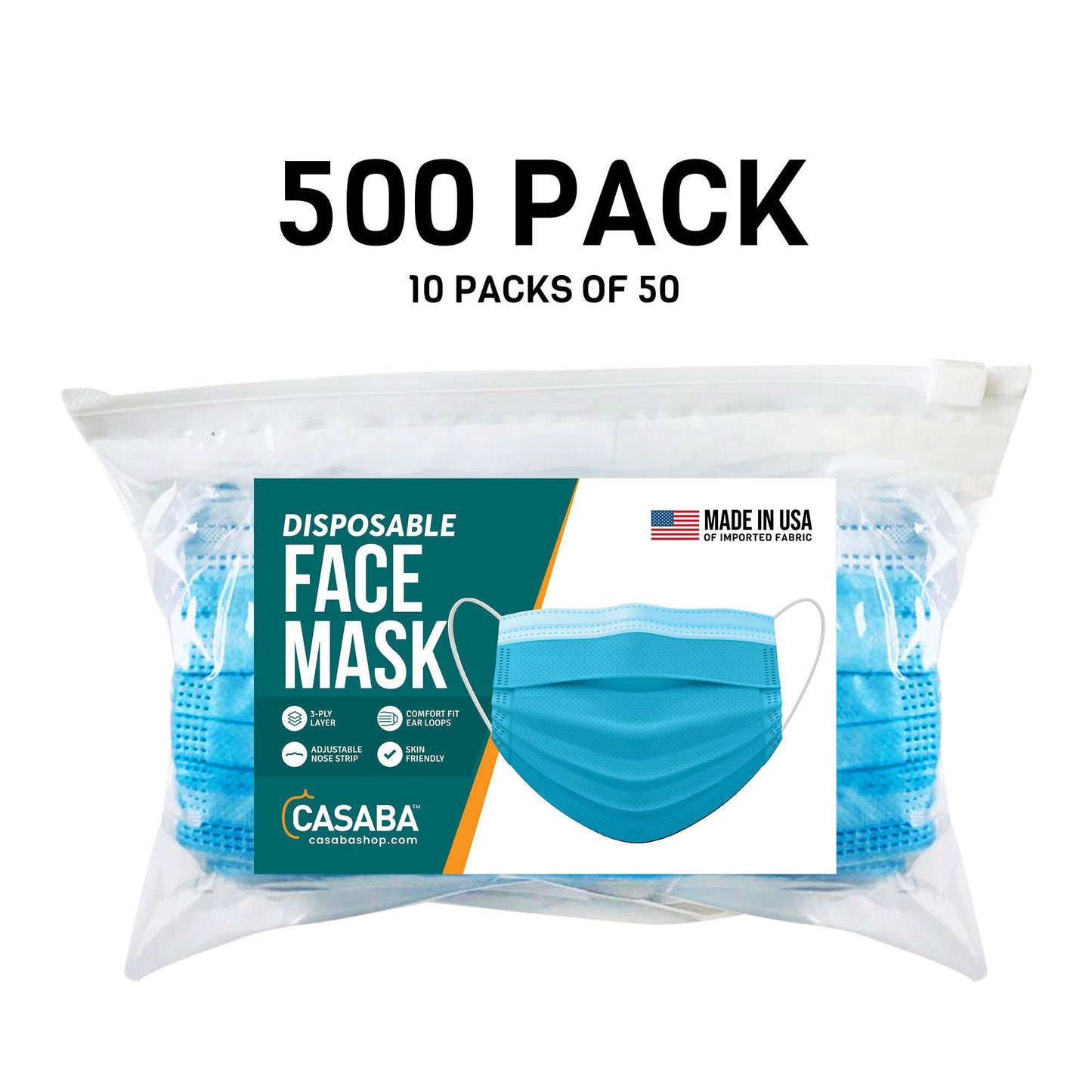 Casaba Face Mask Packs Disposable 3-Ply Filter - Made in USA with Imported Fabric - Teal-500 PACK-