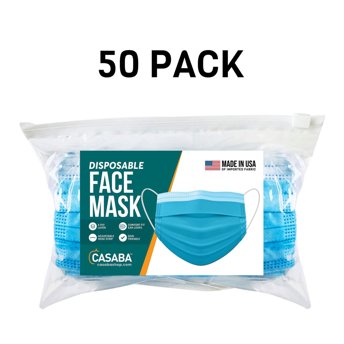 Casaba Face Mask Packs Disposable 3-Ply Filter - Made in USA with Imported Fabric - Teal-50 PACK-