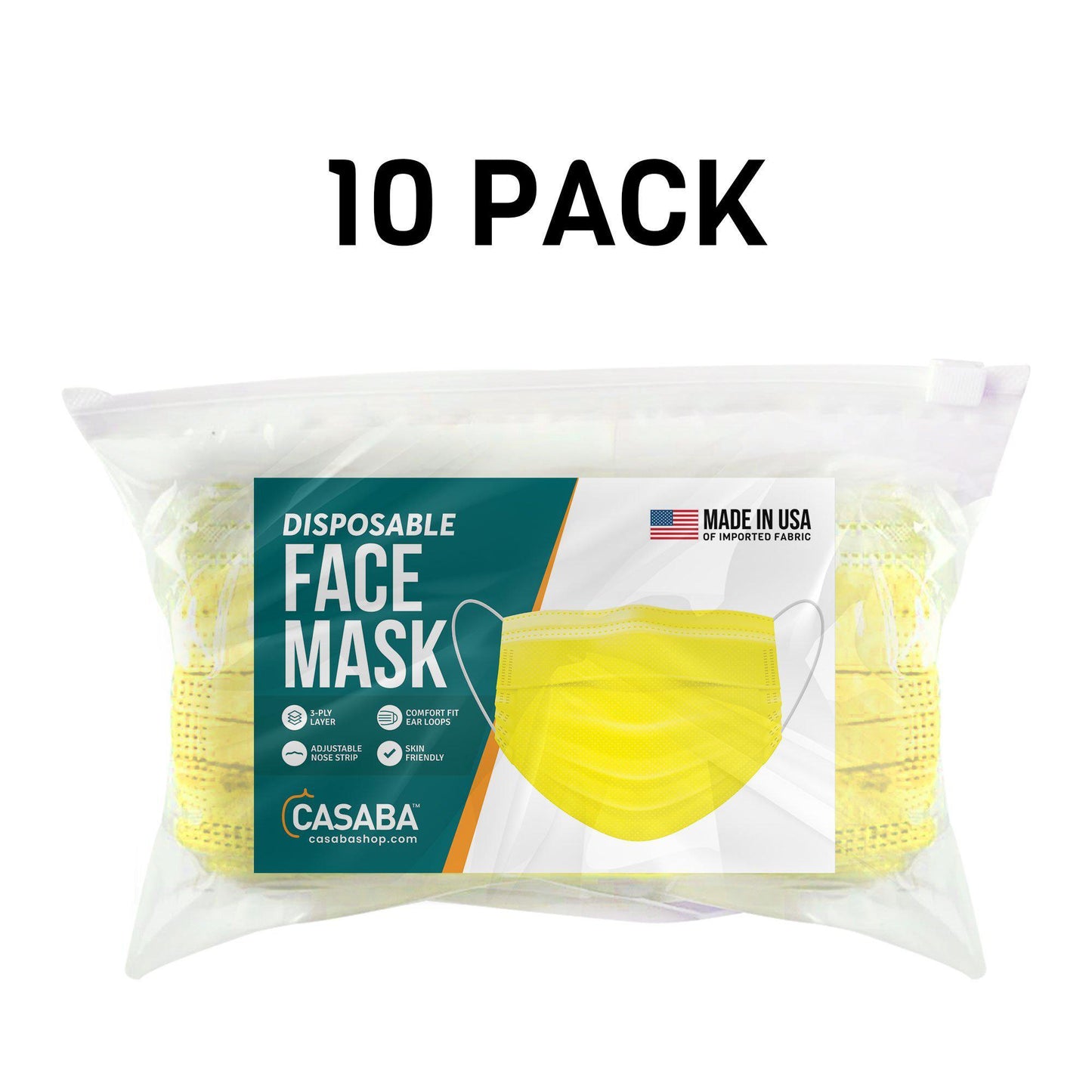 Casaba Face Mask Packs Disposable 3-Ply Filter - Made in USA with Imported Fabric - Yellow-10 PACK-
