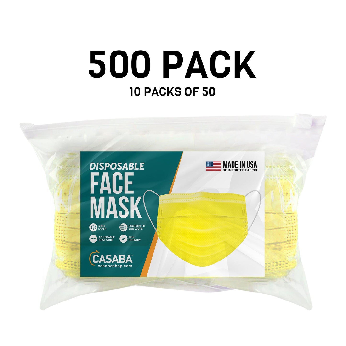 Casaba Face Mask Packs Disposable 3-Ply Filter - Made in USA with Imported Fabric - Yellow-500 PACK-
