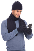 Casaba Winter 3 Piece Gift Set Beanie Hat Scarf Touchscreen Gloves Cable Knit for Men Women-Navy-