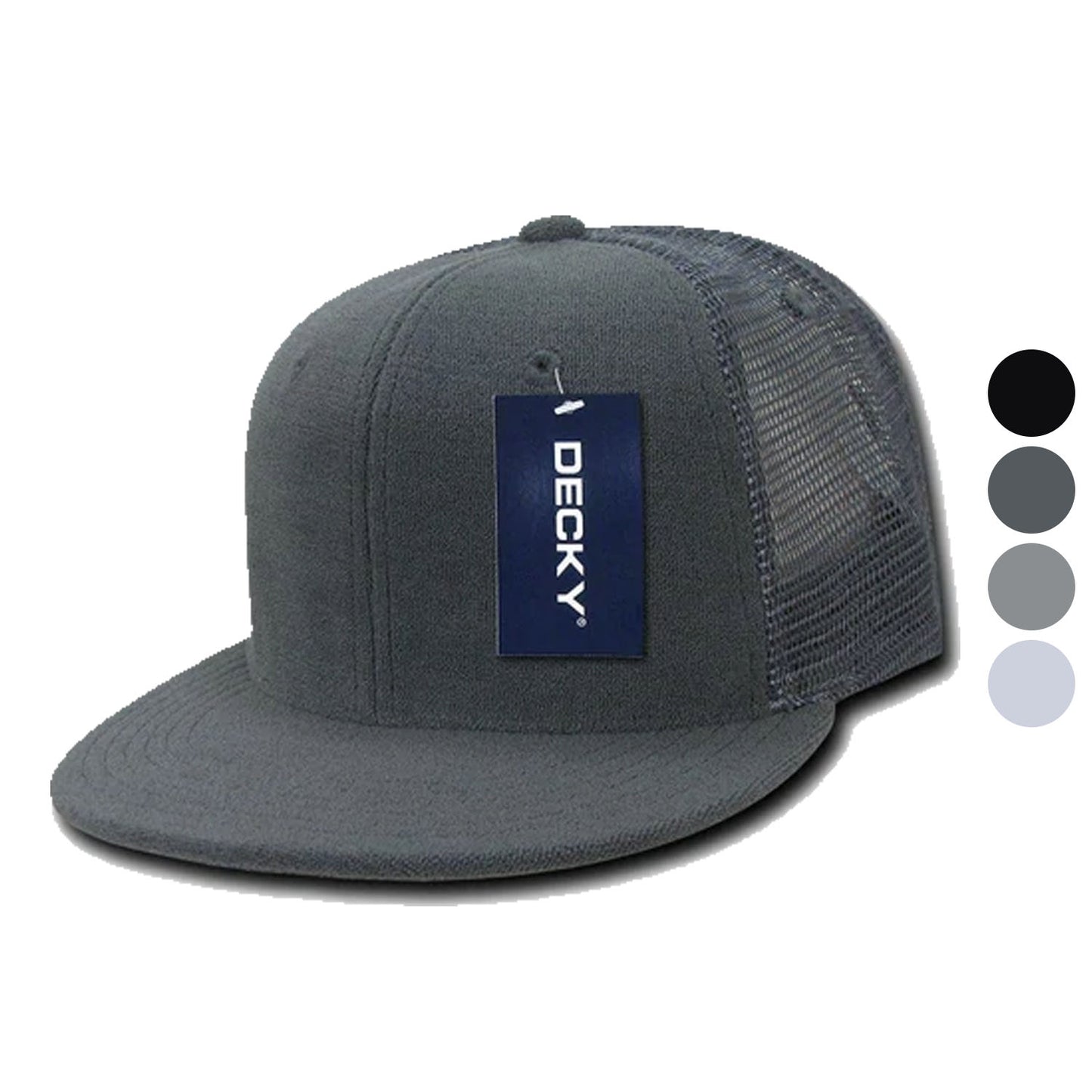 Decky 6 Panel Flat Bill Terry Trucker Hats Caps High Crown Snapback-Black-