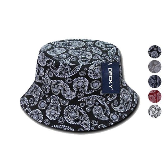 Decky Paisley Bandana Design Fitted Bucket Hats Caps Cotton Unisex-Black-S/M-