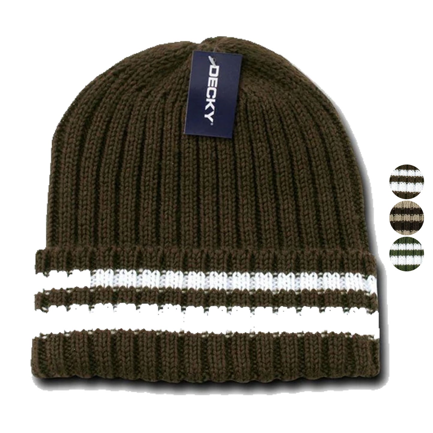 Decky Sweater Beanies Striped Thick Ribbing Knitted Skull Ski Winter Caps Hats-Brown-