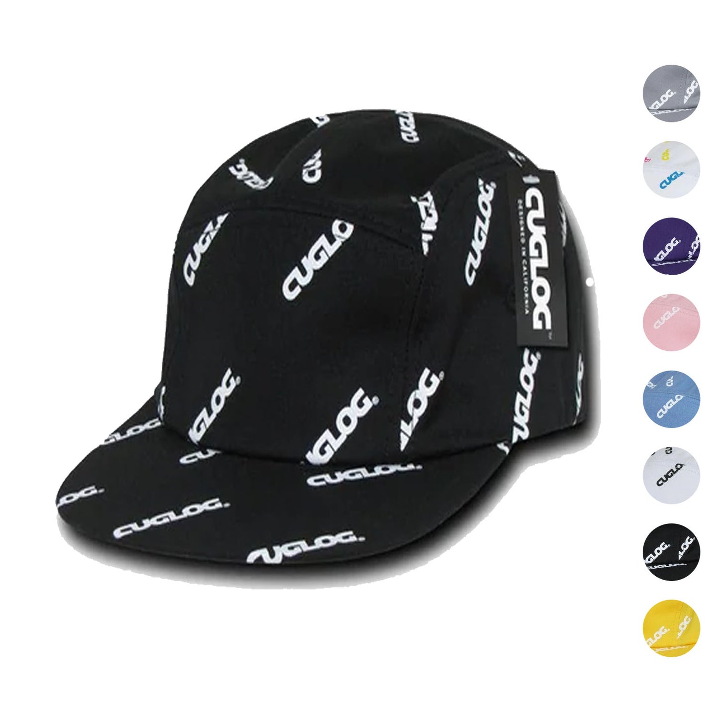 Cuglog Logo Printed 5 Panel Racer Racing Jockey Biker Caps Hats-Black / White-