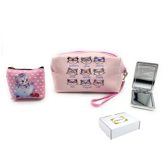 Empire Cove Womens 3 Piece Gift Set Cat Cosmetic Bag Makeup Pouch Mirror Coin Purse-