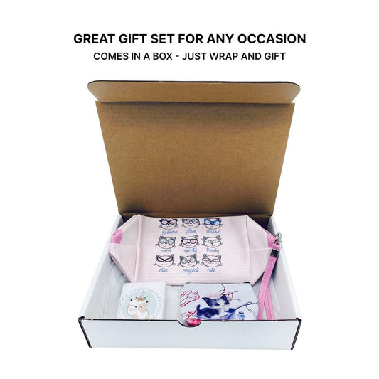 Empire Cove Womens 3 Piece Gift Set Cat Cosmetic Bag Makeup Pouch Mirror Coin Purse-