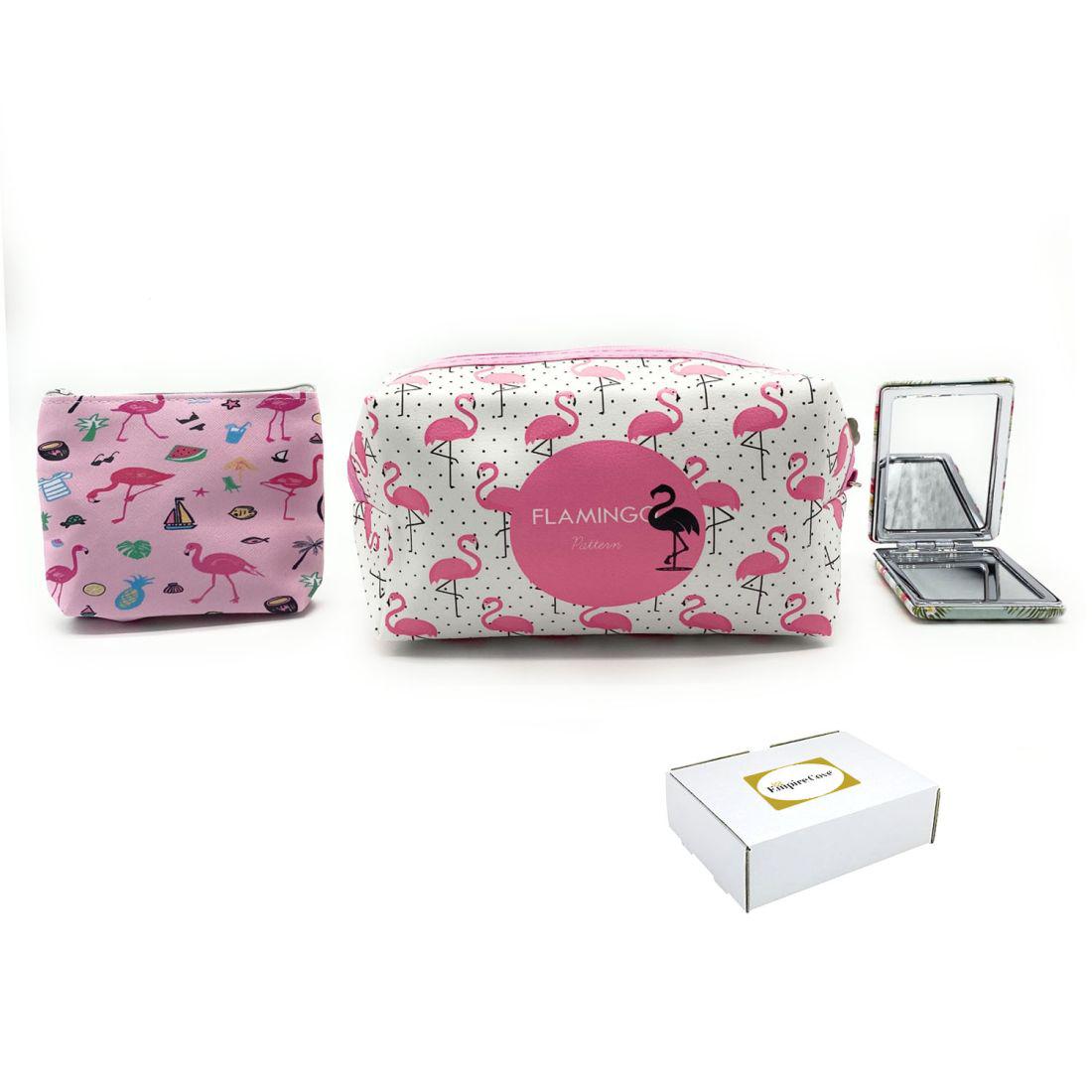 Empire Cove Womens 3 Piece Gift Set Flamingo Cosmetic Bags Coin Pouch Mirror-