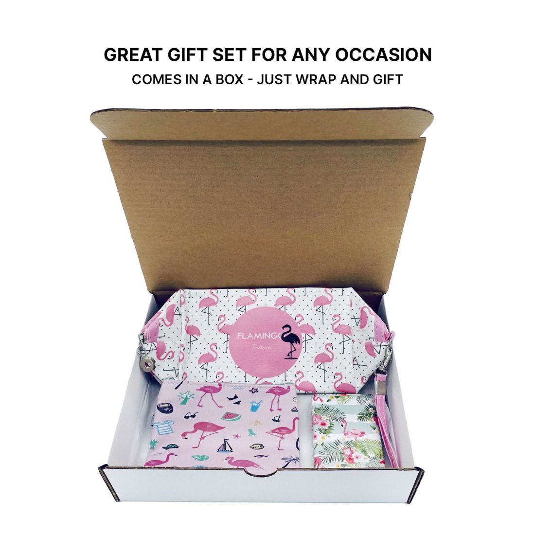 Empire Cove Womens 3 Piece Gift Set Flamingo Cosmetic Bags Coin Pouch Mirror-