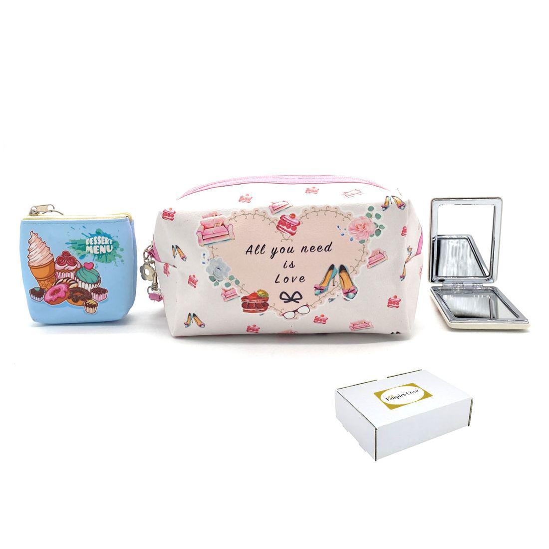 Empire Cove Womens 3 Piece Gift Set Love Cosmetic Bags Coin Pouch Mirror-
