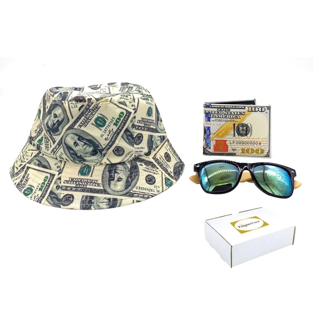 Empire Cove Mens 3 Piece Gift Set 100 Dollar Bill Bucket Hat Bifold Wallet Sunglasses-