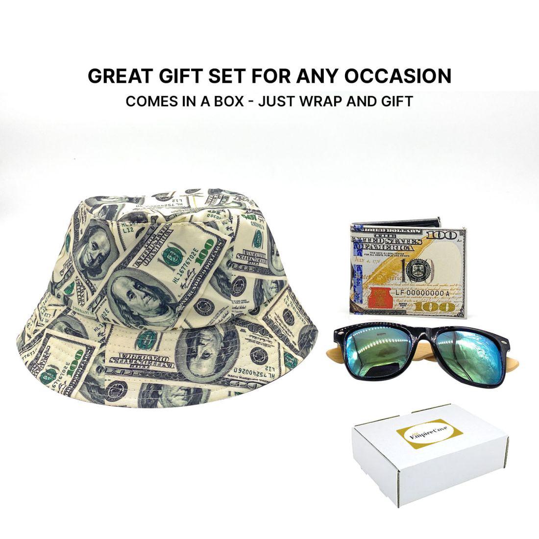 Empire Cove Mens 3 Piece Gift Set 100 Dollar Bill Bucket Hat Bifold Wallet Sunglasses-