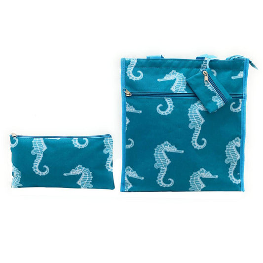 Empire Cove Womens 2 Piece Gift Set Seahorse Tote Bag Cosmetic Bag Makeup Pouch-