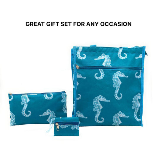 Empire Cove Womens 2 Piece Gift Set Seahorse Tote Bag Cosmetic Bag Makeup Pouch-