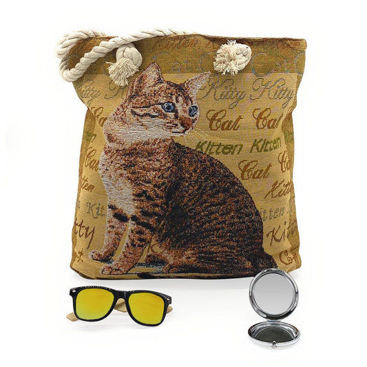 Empire Cove Womens 3 Piece Gift Set Cat Beach Tote Bag Sunglasses Mirror Travel-