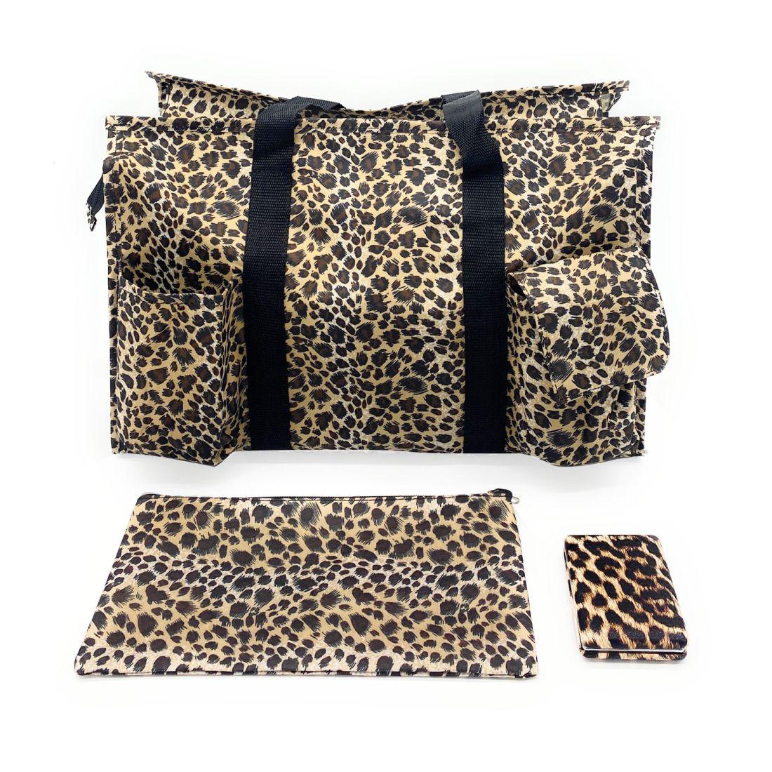 Empire Cove Womens 3 Piece Gift Set Leopard Tote Bag Cosmetic Bag Pouch Mirror-