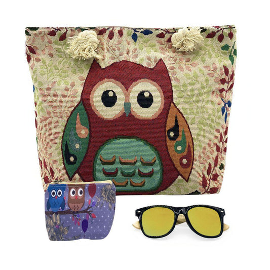 Empire Cove Womens 3 Piece Gift Set Cute Owl Tote Bag Coin Pouch Sunglasses Travel-