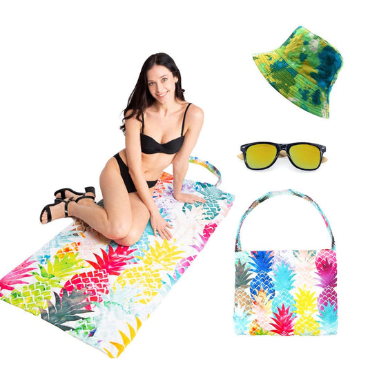 Empire Cove Womens 3 Piece Gift Set Beach Towel Tote Bag Bucket Hat Sunglasses-