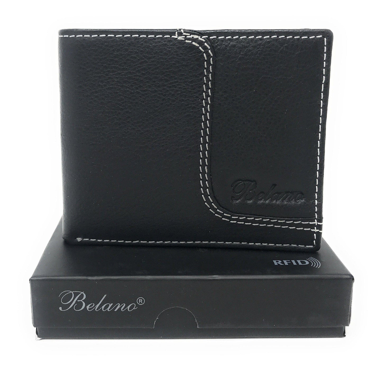 Belano RFID Blocking Real Leather Bifold Wallets for Cards ID with Box Men Women-Black - White Center Trim-