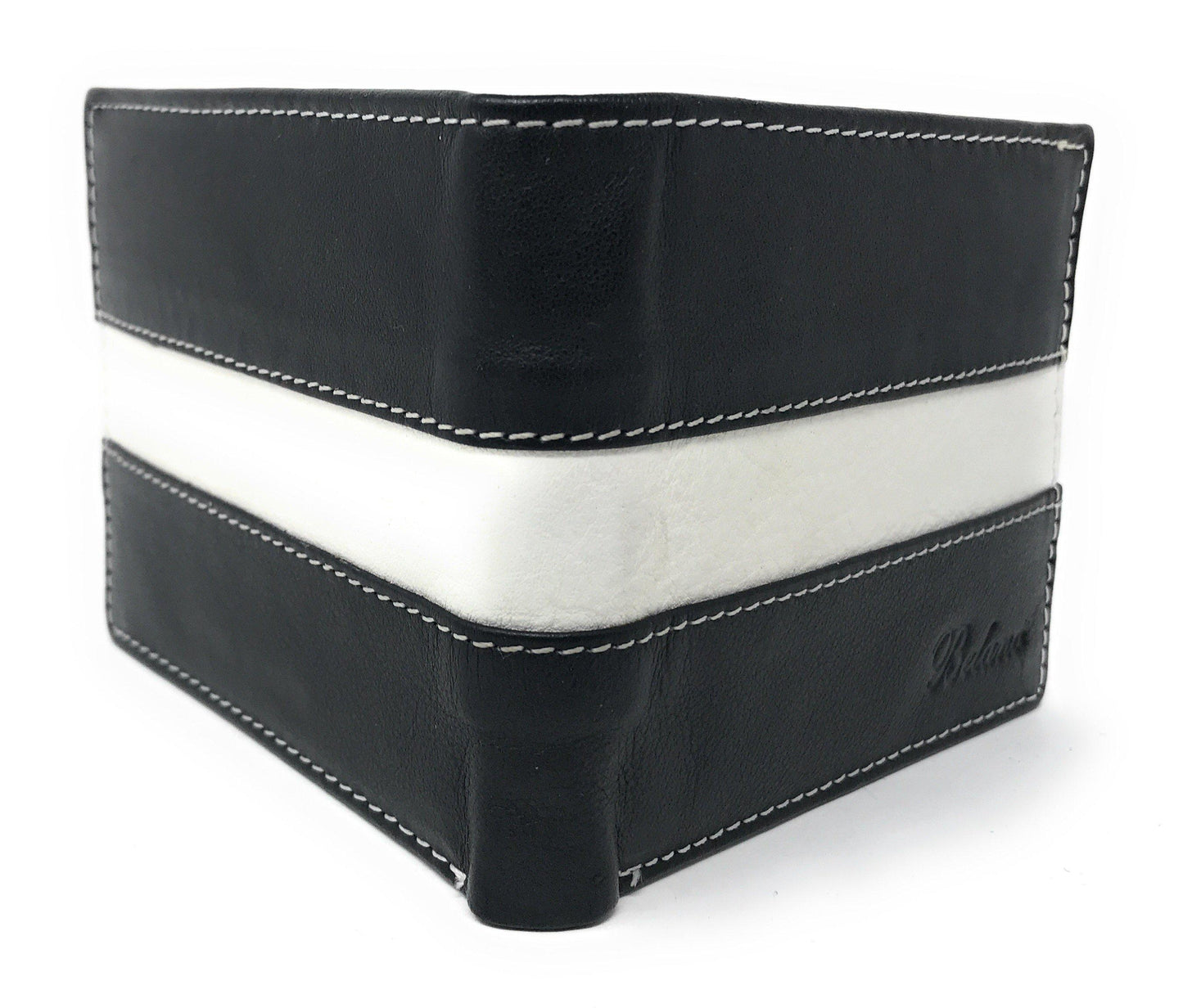 Belano RFID Blocking Real Leather Bifold Wallets for Cards ID with Box Men Women-Black - White Styled Trim-