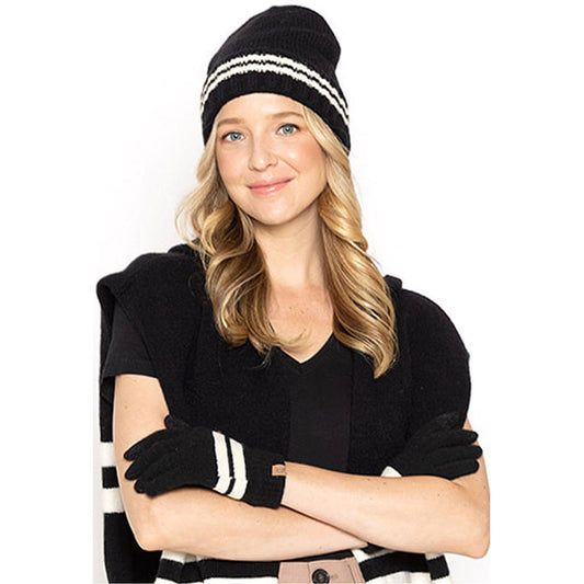 Empire Cove Winter Set Knit Striped Beanie and Touch Screen Gloves Gift Set-Black-
