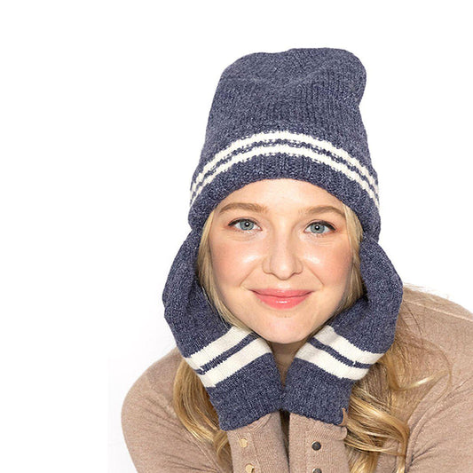 Empire Cove Winter Set Knit Striped Beanie and Touch Screen Gloves Gift Set-Black-