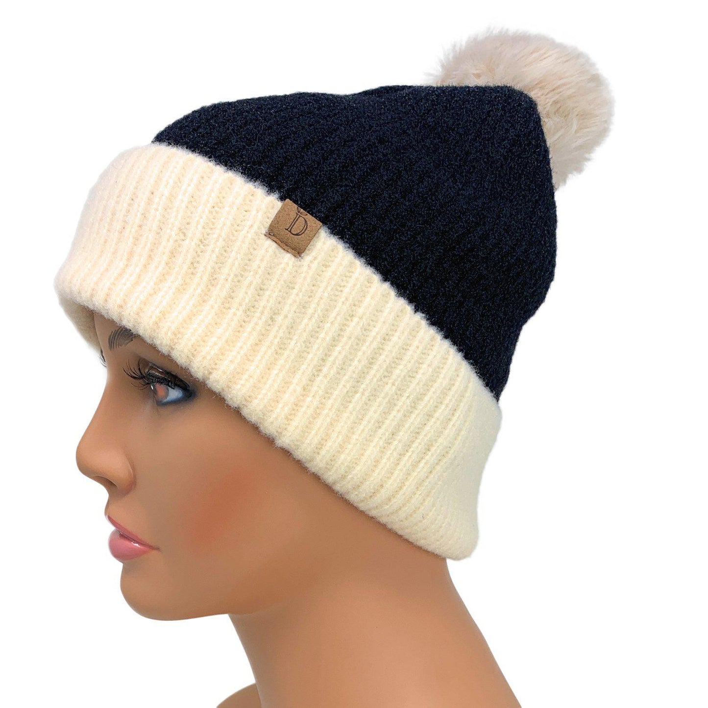 Empire Cove Winter Ribbed Knit Beanie with Faux Fur Pom Pom Hats Gifts for Her-Blue-