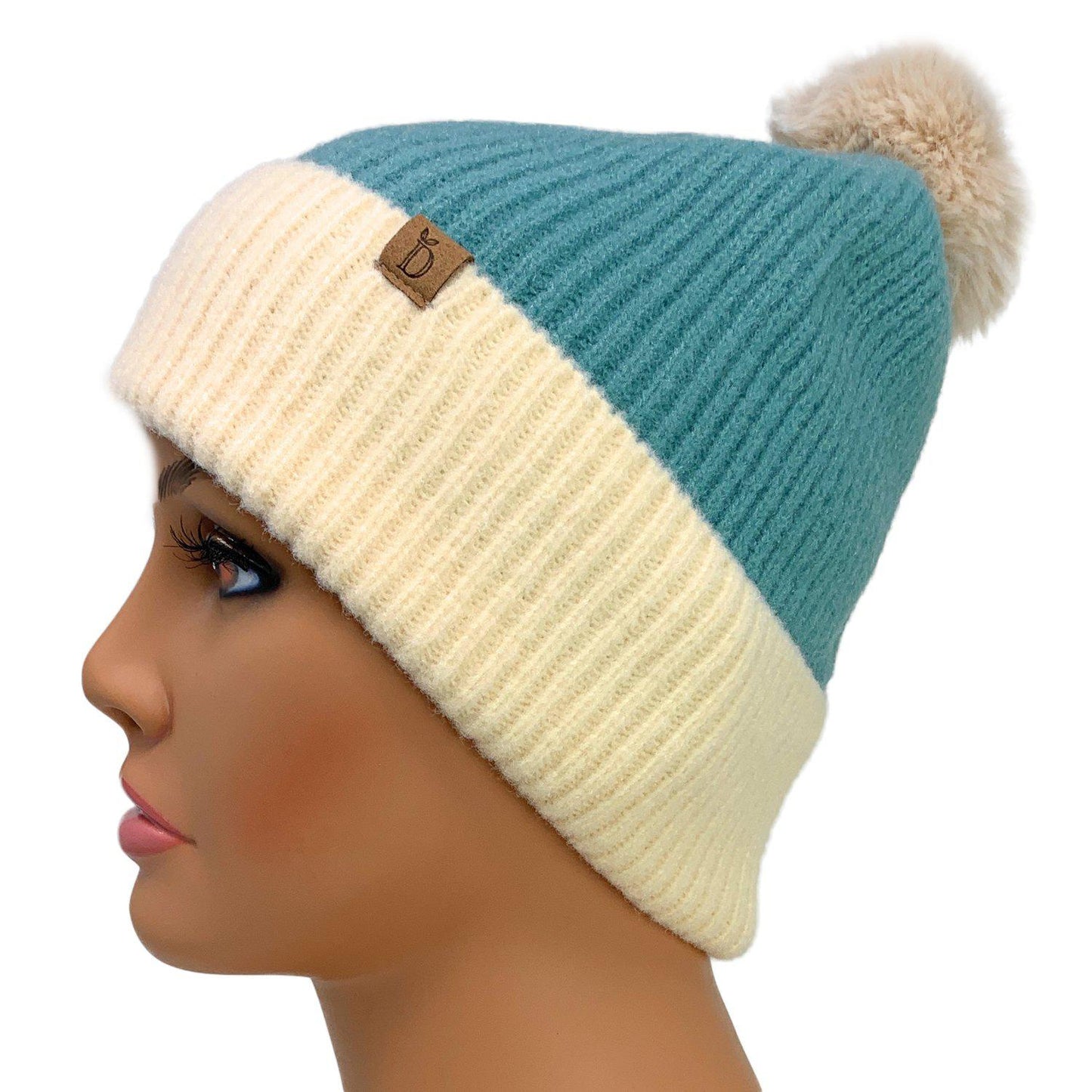 Empire Cove Winter Ribbed Knit Beanie with Faux Fur Pom Pom Hats Gifts for Her-Blue-