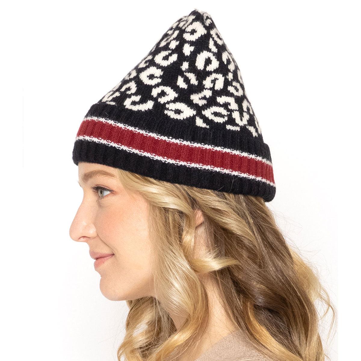 Empire Cove Winter Knit Leopard Striped Beanie-Black-