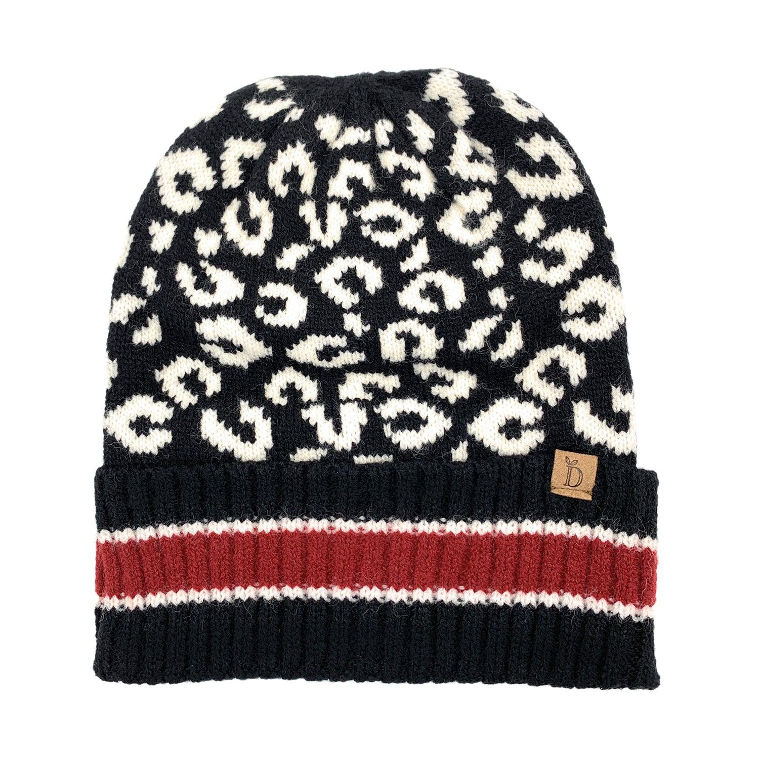 Empire Cove Winter Knit Leopard Striped Beanie-Black-