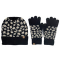 Empire Cove Winter Set Knit Ribbed Leopard Cuff Beanie and Touch Screen Gloves Gift Set-Black-