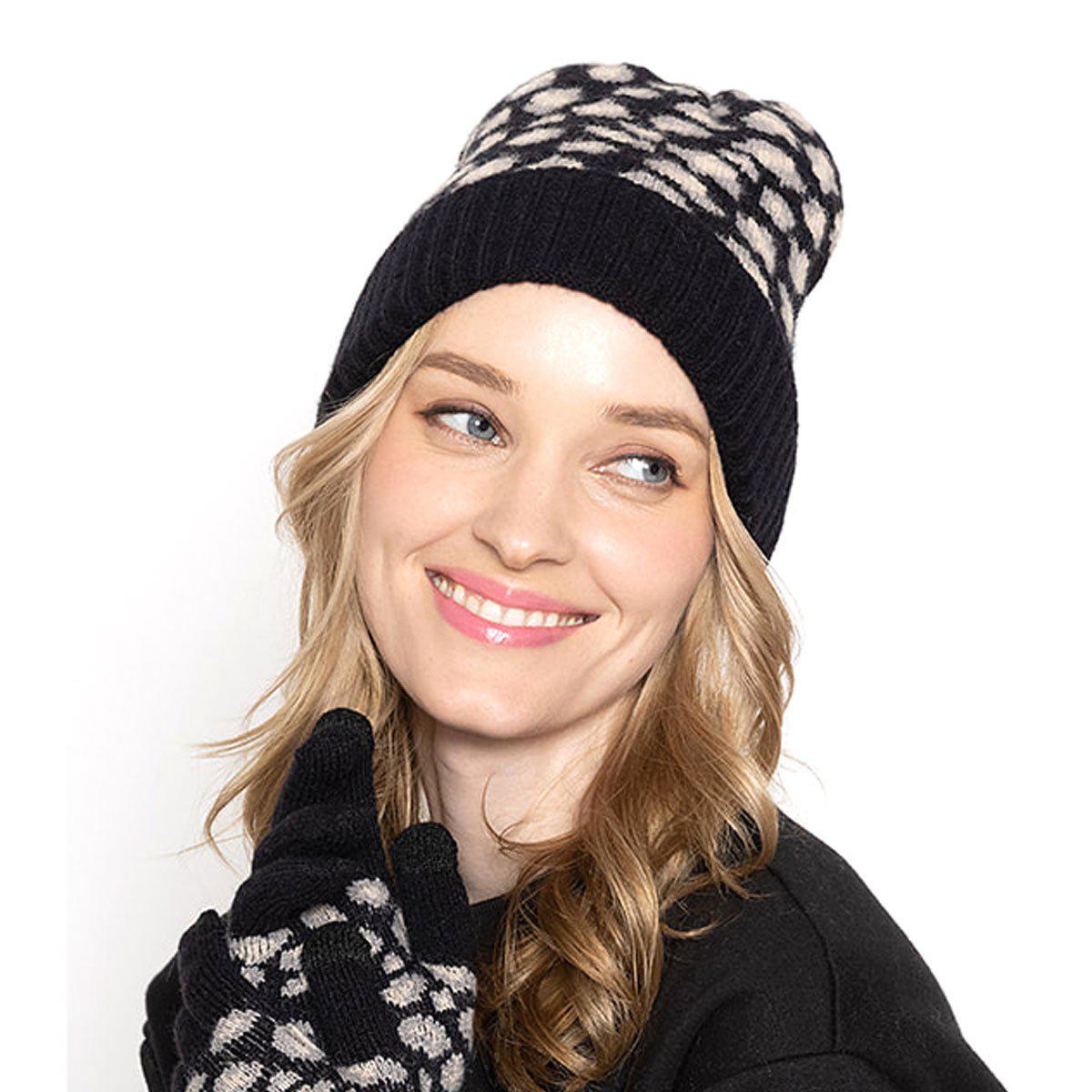 Empire Cove Winter Set Knit Ribbed Leopard Cuff Beanie and Touch Screen Gloves Gift Set-Black-