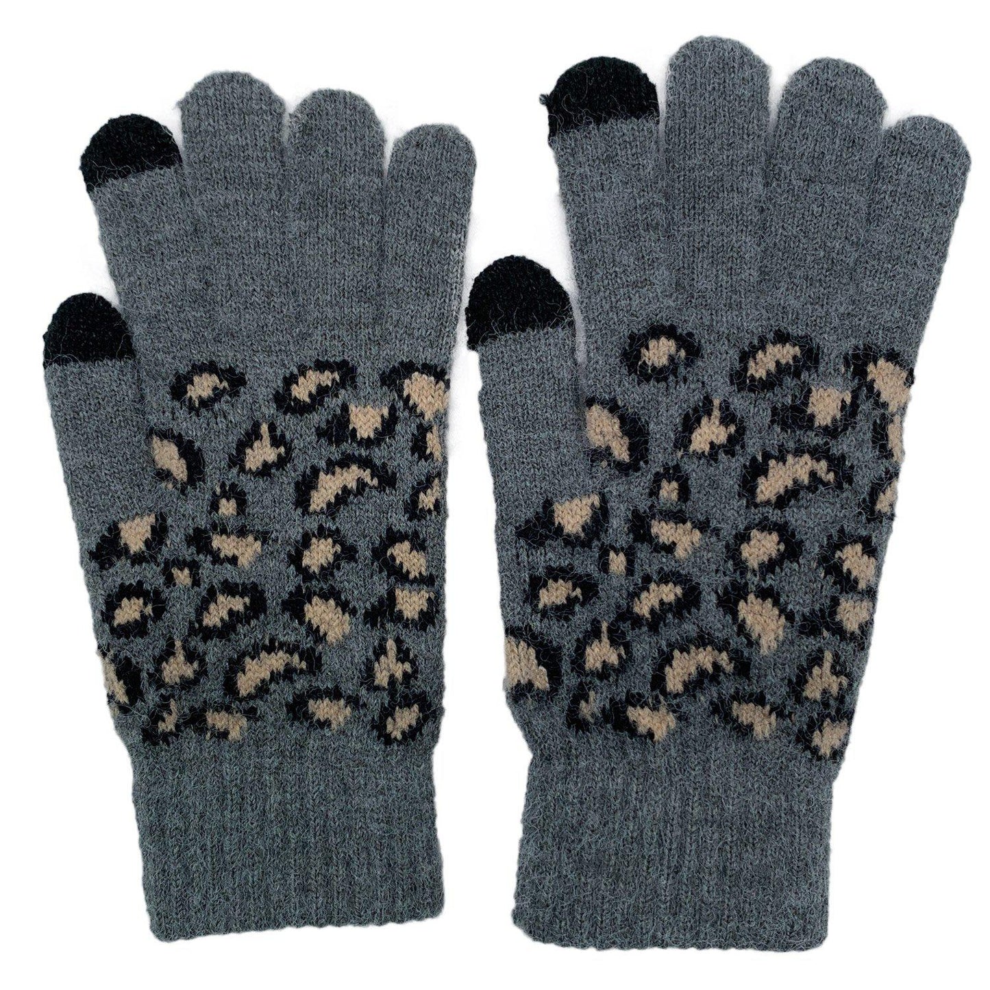 Empire Cove Winter Set Knit Ribbed Leopard Cuff Beanie and Touch Screen Gloves Gift Set-Black-