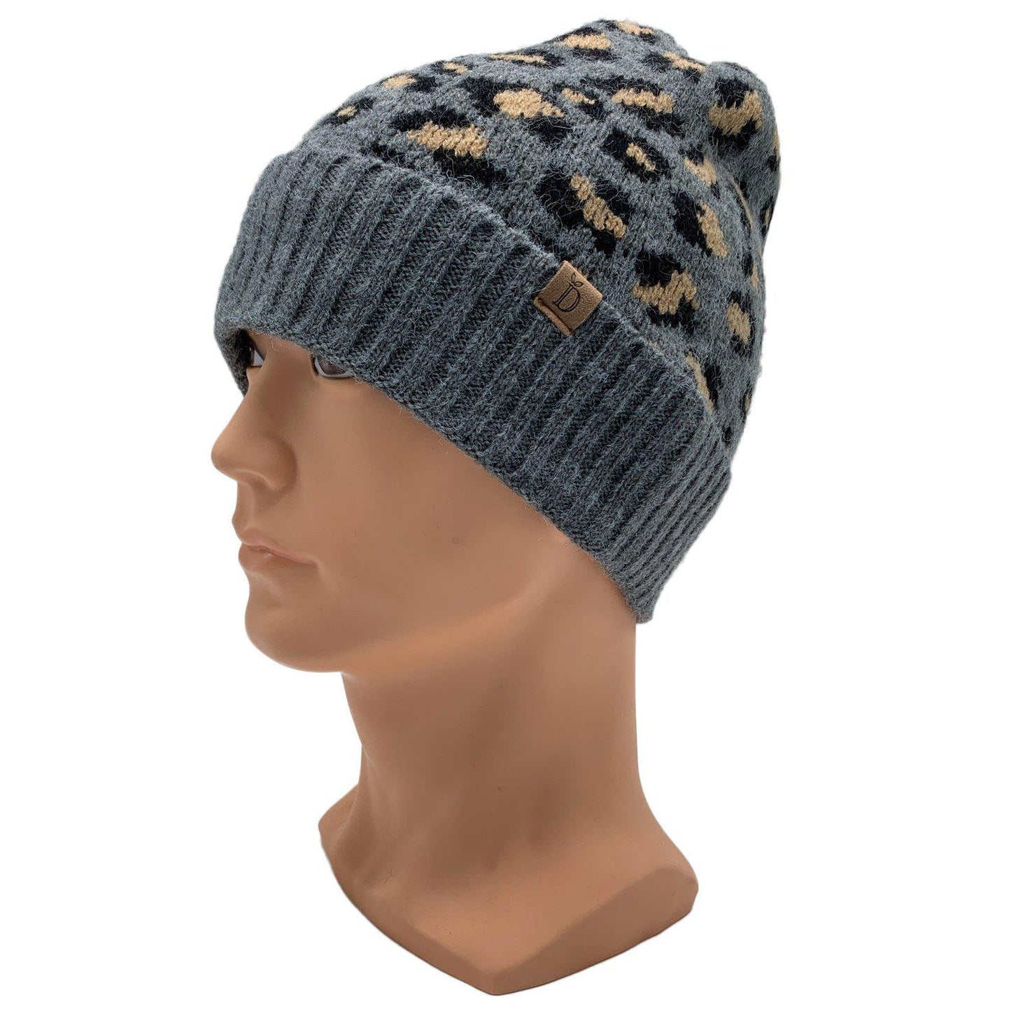 Empire Cove Winter Set Knit Ribbed Leopard Cuff Beanie and Touch Screen Gloves Gift Set-Black-