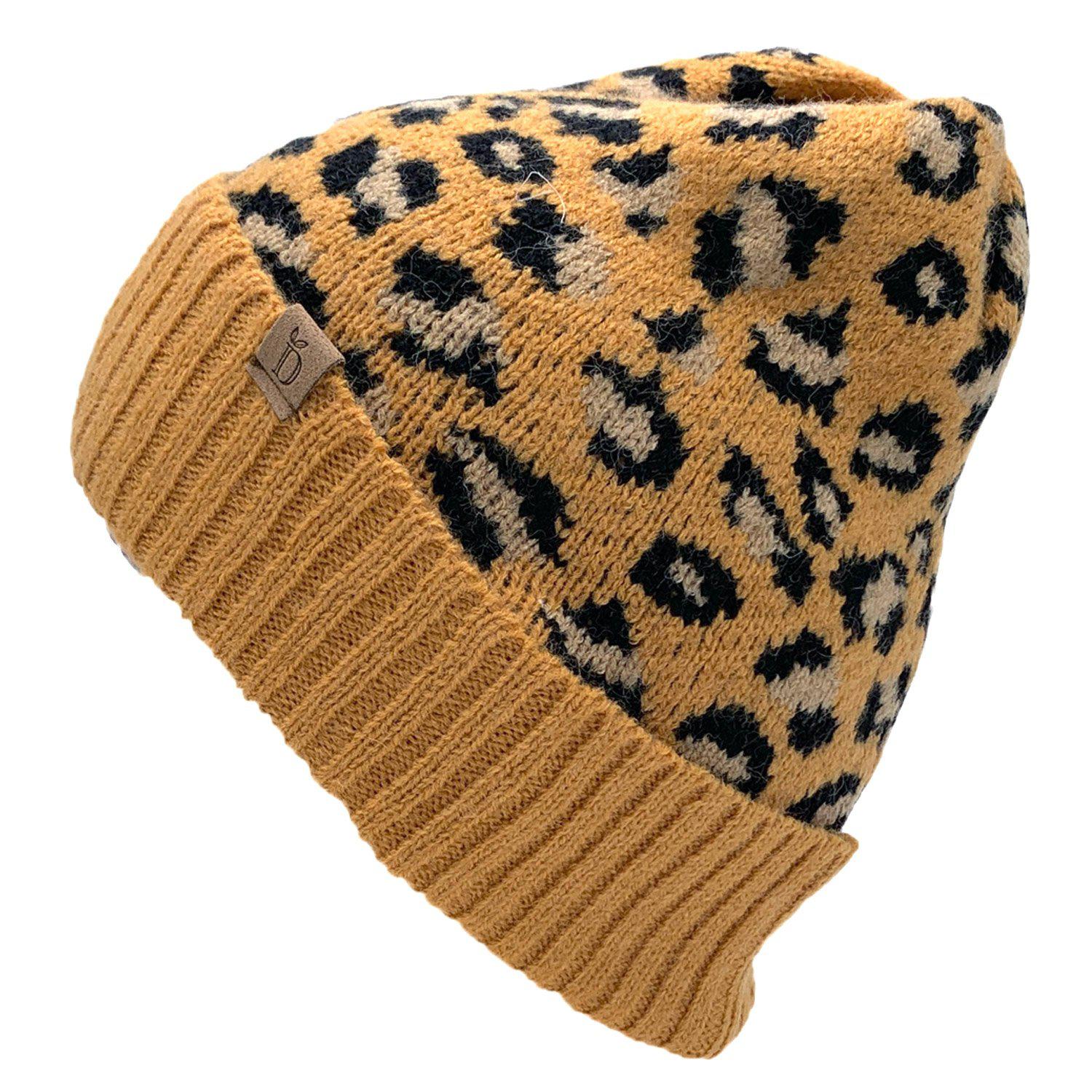 Empire Cove Winter Knit Ribbed Leopard Cuff Beanie-Mustard-