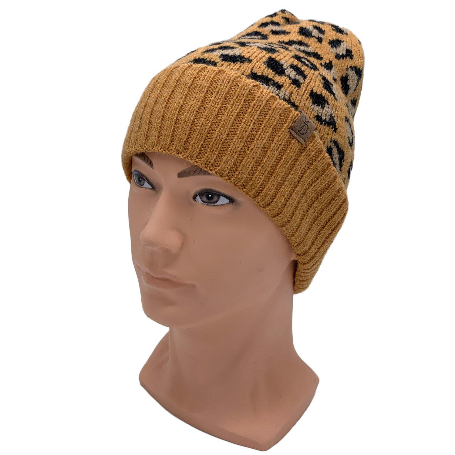Empire Cove Winter Knit Ribbed Leopard Cuff Beanie-Mustard-