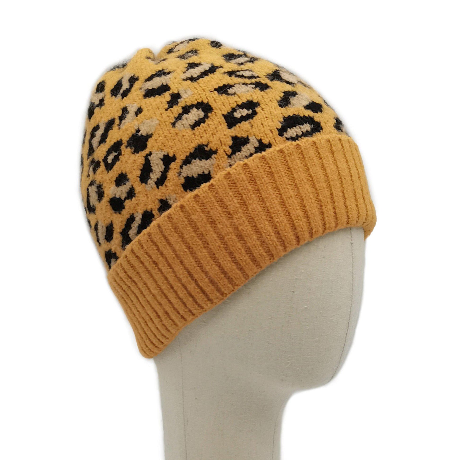 Empire Cove Winter Knit Ribbed Leopard Cuff Beanie-Mustard-