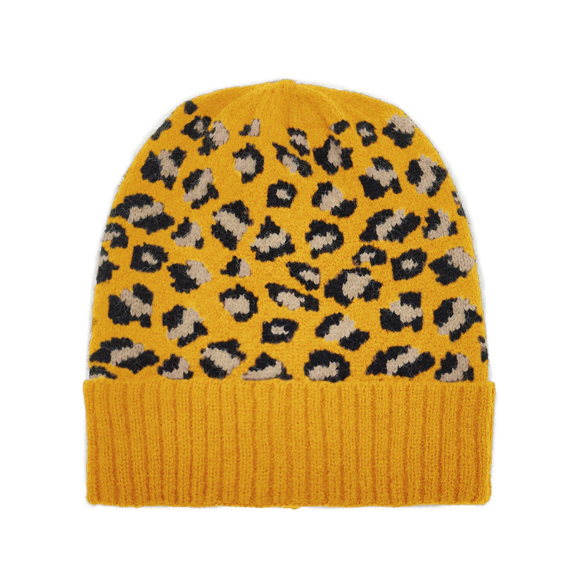 Empire Cove Winter Knit Ribbed Leopard Cuff Beanie-Mustard-