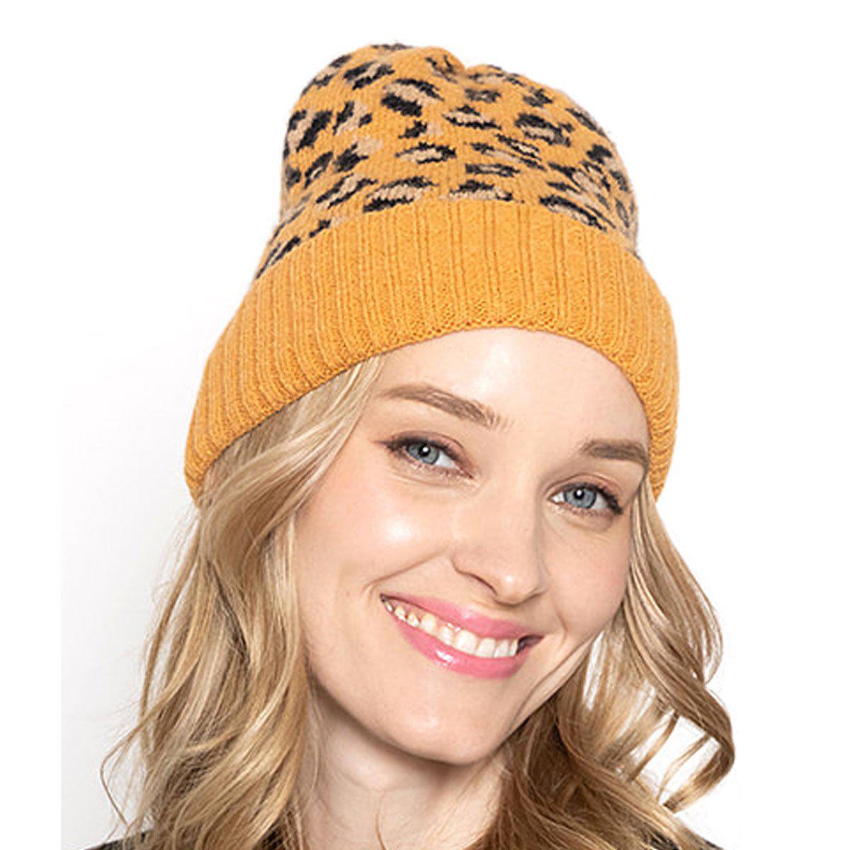 Empire Cove Winter Set Knit Ribbed Leopard Cuff Beanie and Touch Screen Gloves Gift Set-Black-